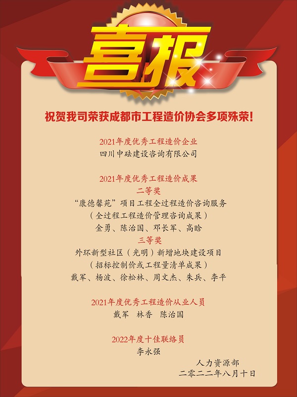 喜報(bào)！祝賀我司榮獲成都市工程造價(jià)協(xié)會(huì)多項(xiàng)殊榮！